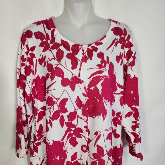 Roz & Ali Womens Cardigan Sweater Size 2X White Pink Floral Button Up 3/4 Sleeve - Picture 3 of 9